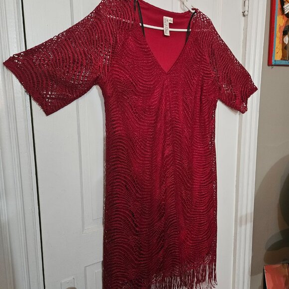 Emma Michelle Red Evening Dress with sparkle and bottom fringe layer SZ XL - Picture 2 of 10